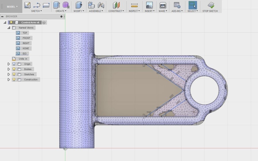Promoting the Autodesk Fusion 360 mesh body back into the model to be used as a guide