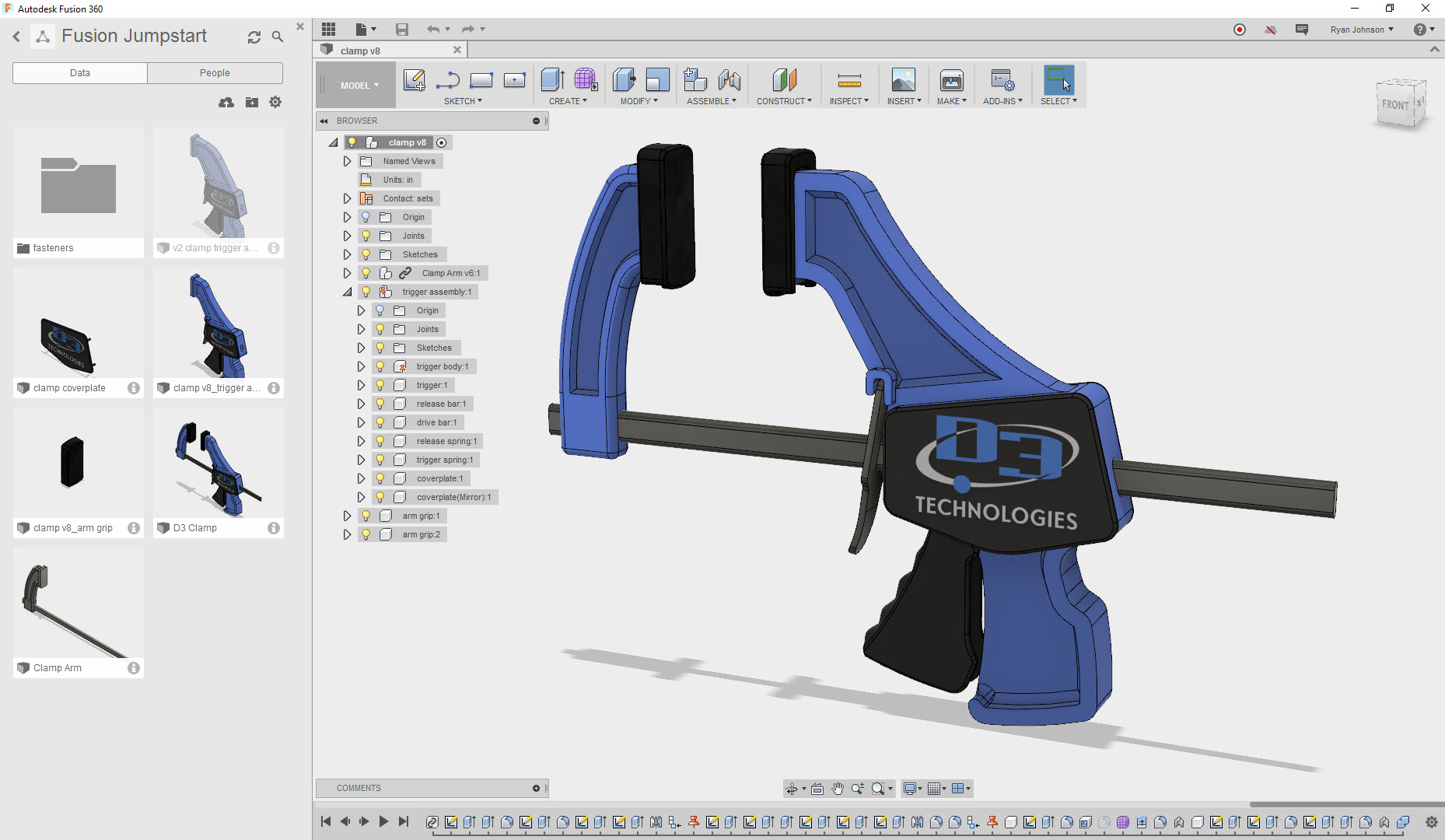 Autodesk Fusion 360 clamp rendering being stored in the cloud
